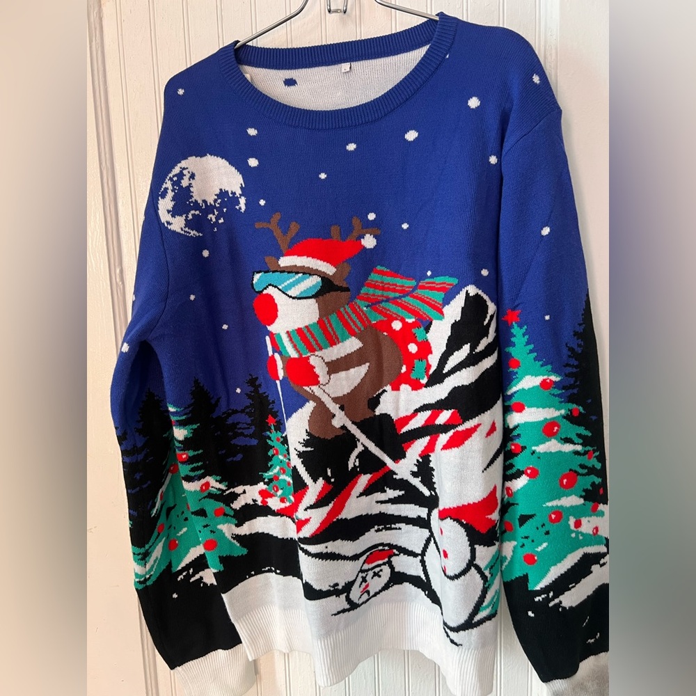 Christmas Blue Reindeer Skiing Crewneck Sweater
